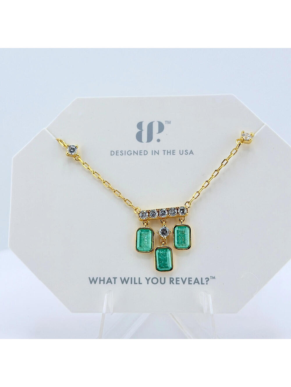 Bomb Party Necklace NK26169 "Triply Dazzled" Teal Ice Crystal on Yellow Gold